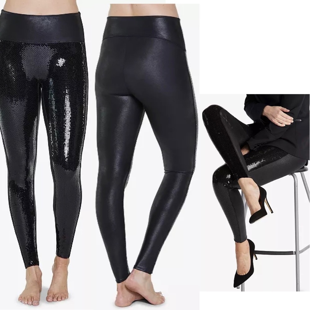 SPANX Sequined Faux-Leather Leggings black Sz S sparkly NWOT
